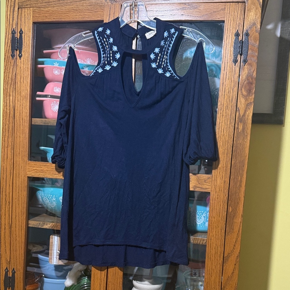 Living Doll Navy Blue Embroidered Top